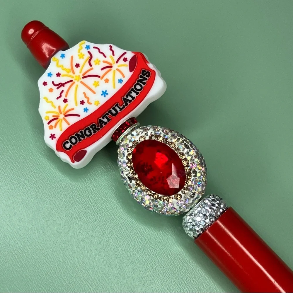 Red Congratulations Handmade Beaded Pen with Gemstone Accent